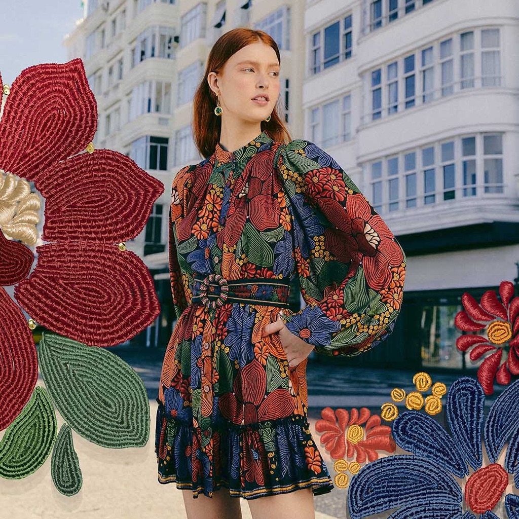 New Farm Rio Black Stitched Flowers Long Sleeve Mini Dress | Small